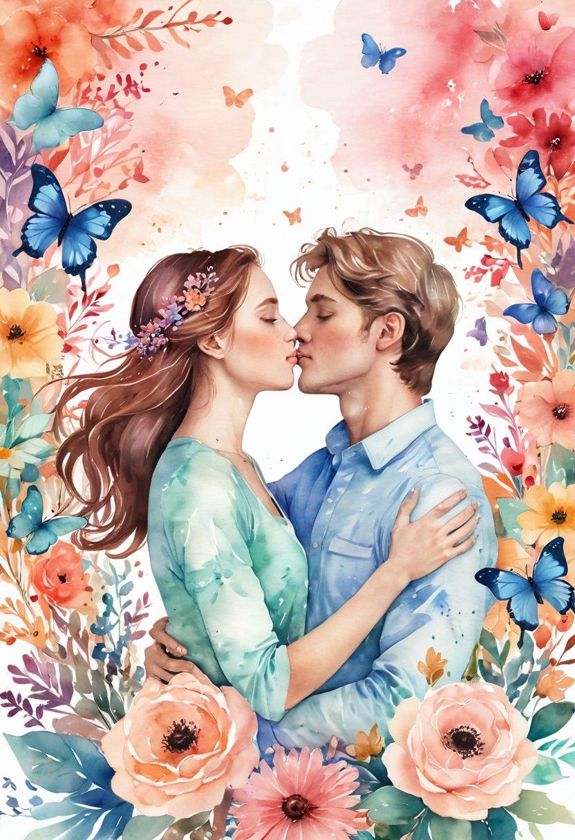 A whimsical scene showcasing two lovers caught in a playful embrace amidst a swirling backdrop of hearts and flowers, radiating warmth and affection. Incorporate elements of both tenderness and chaos, such as fluttering butterflies and playful doodles that represent the ups and downs of romance. The color palette should be soft yet vibrant, evoking feelings of joy and passion. Use dreamy pastel tones to enhance the romantic atmosphere. watercolor style. vibrant colors. soft focus.