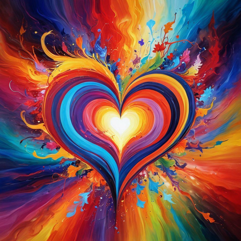 A heart engulfed in swirling colors representing passionate love, surrounded by chaotic yet beautiful elements like abstract flames, blooming flowers, and ethereal wisps. The background should depict a wild landscape merging into a kaleidoscope of emotions, evoking both excitement and turmoil. Add soft light illuminating the heart, symbolizing warmth amidst the madness. vibrant colors. abstract art.